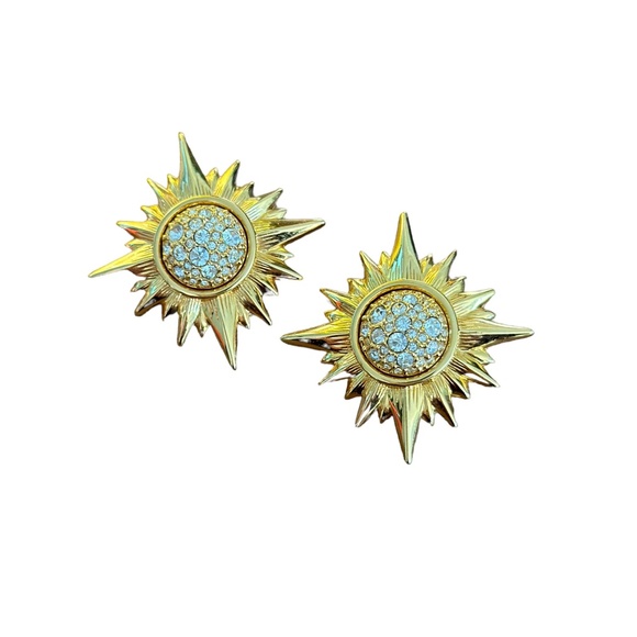 Vintage SAL Swarovski Starburst North Star Clip-On Earrings –Gold with Crystals - Picture 2 of 6